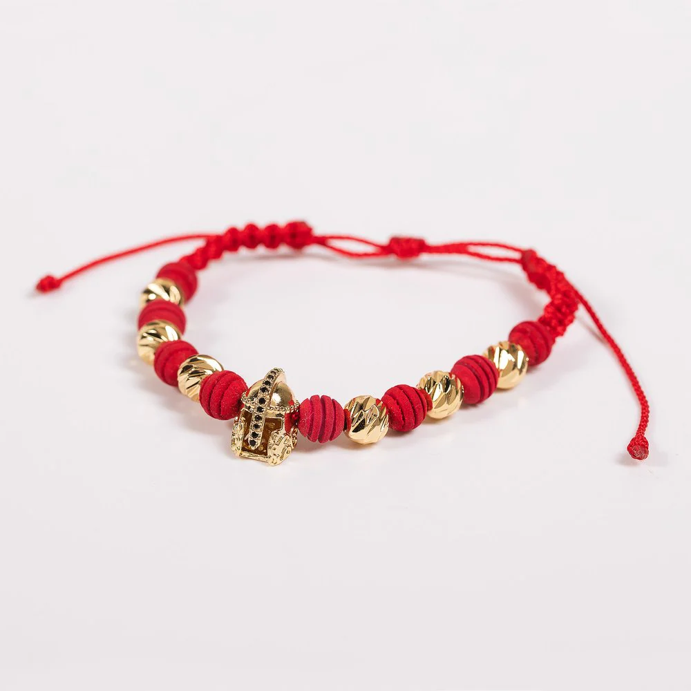 Woven Red Thread Bracelet – Neoprene, Cross, and Roman Helmet