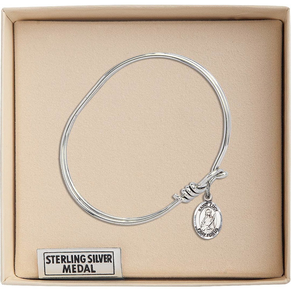 Youth 5 3/4" Rhodium Plated Bangle Bracelet with St. Lucy Medal Charm - Image 3
