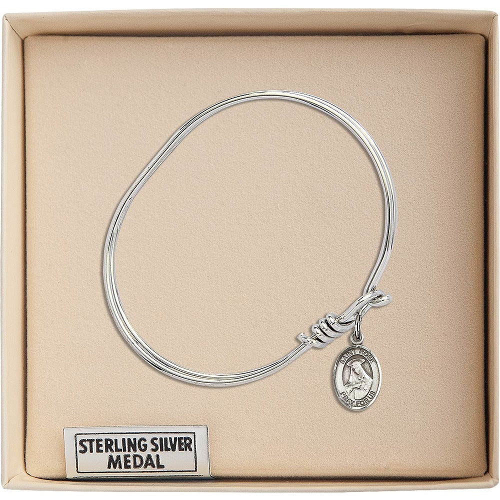 Youth 5 3/4" Rhodium Plated Bangle Bracelet with St. Rose of Lima Medal Charm - Image 3