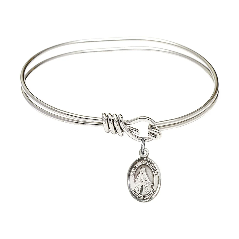 Youth 5 3/4" Rhodium Plated Bangle Bracelet with St. Veronica Medal Charm